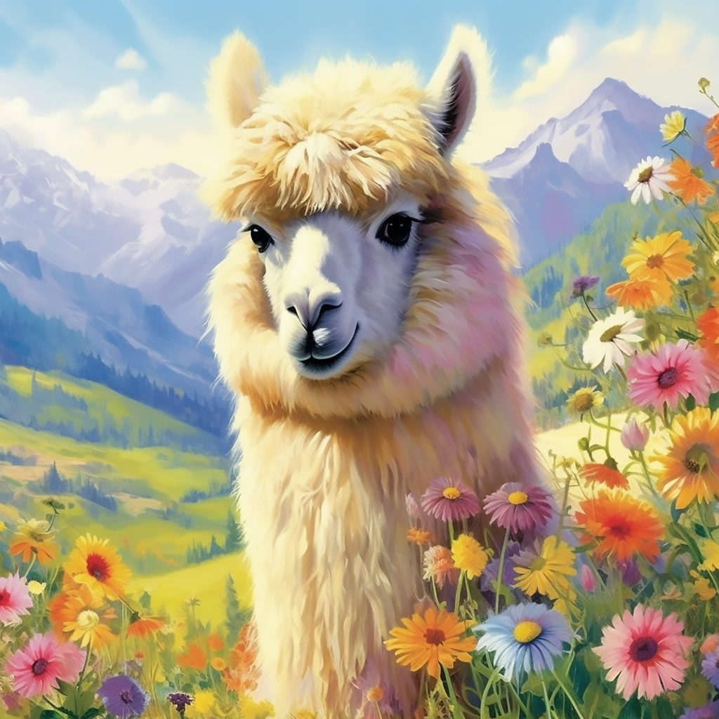 Zvědavá alpaka prozkoumává svěží louku a užívá si jemné pastvy pod modrou oblohou