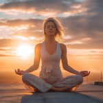 In den frühen Morgenstunden findet eine Frau Harmonie und innere Stärke, während sie mit Anmut und Gelassenheit Yoga praktiziert
