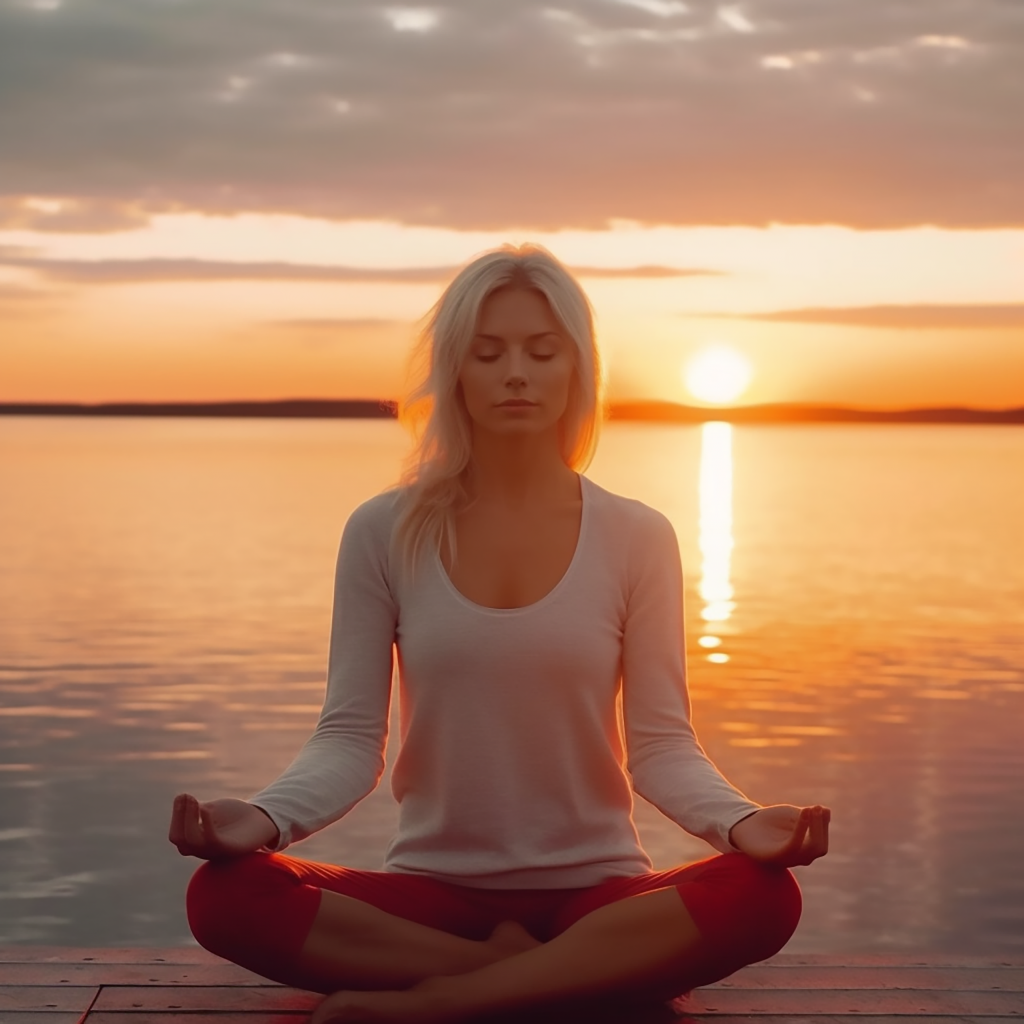 В меката светлина на изгряващото слънце една жена намира сила, баланс и момент на саморефлексия по време на сутрешна йога