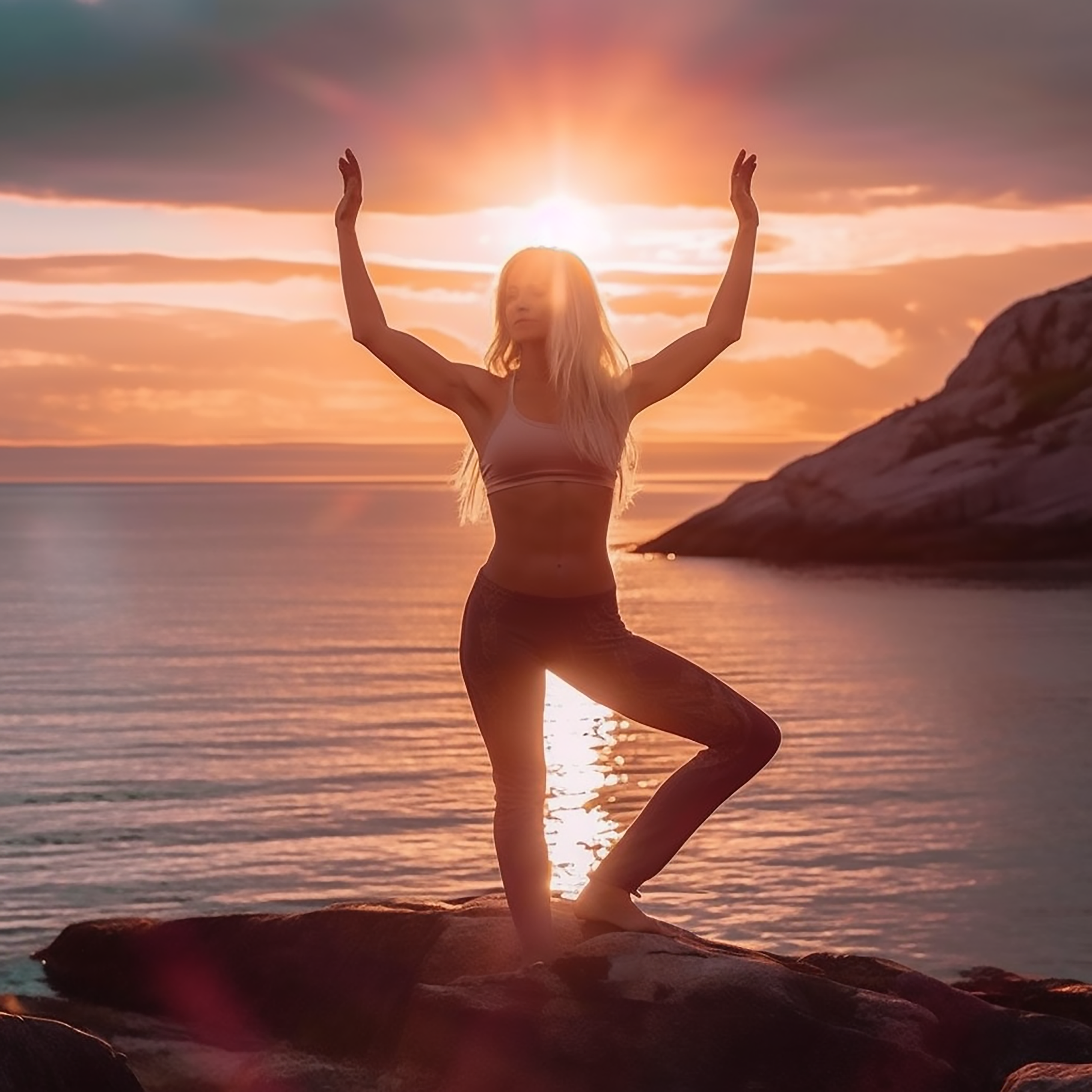 Жена практикува йога в спокойна сутрин, докато изгряващото слънце я обгръща в топли лъчи