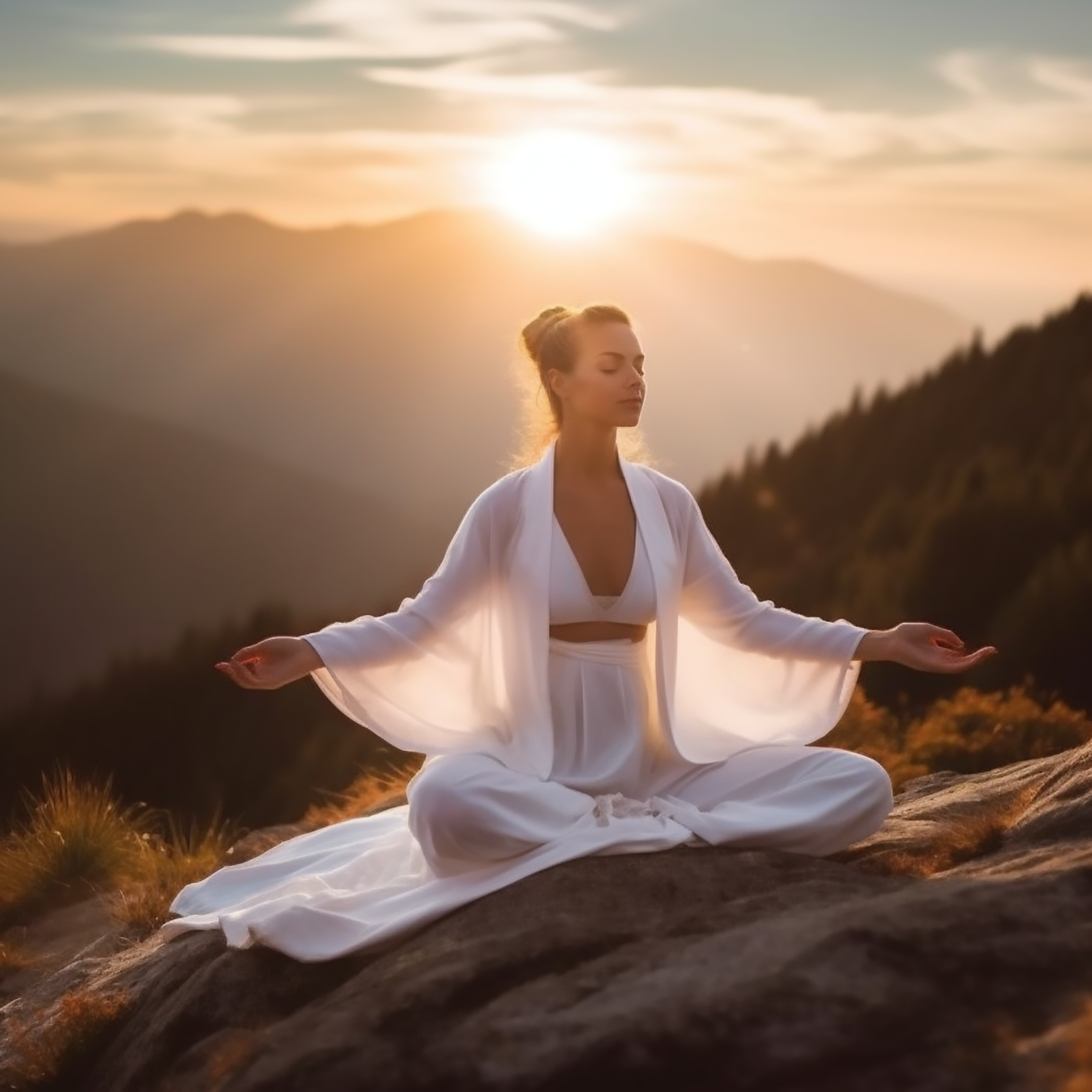 Tiché spojení: Žena nachází klid v meditaci na slunci jógy