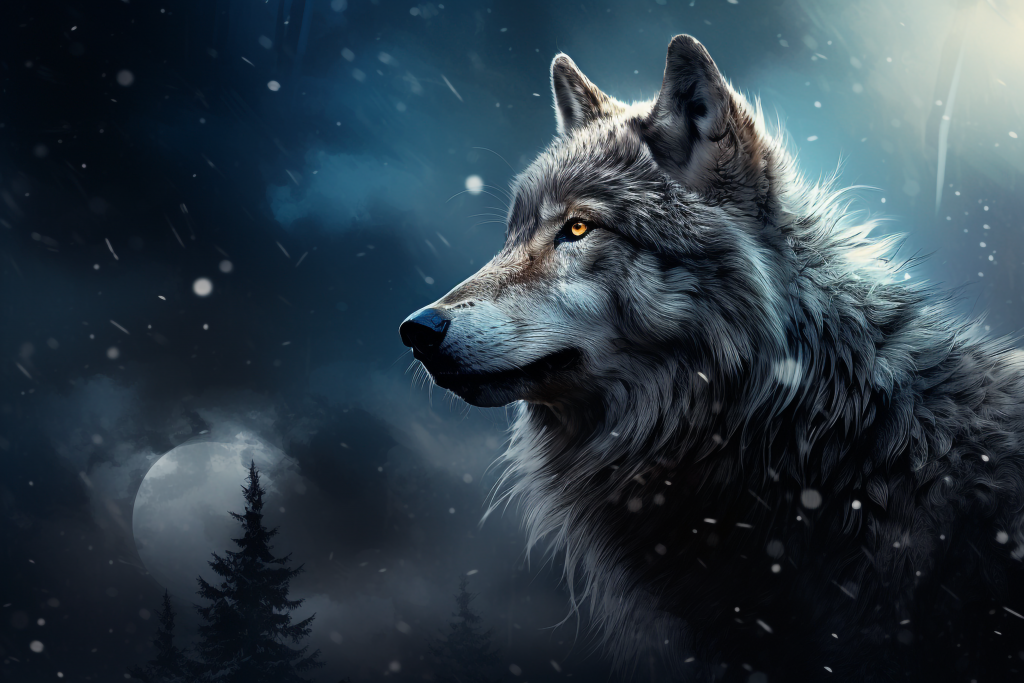 月明かりの中の狼