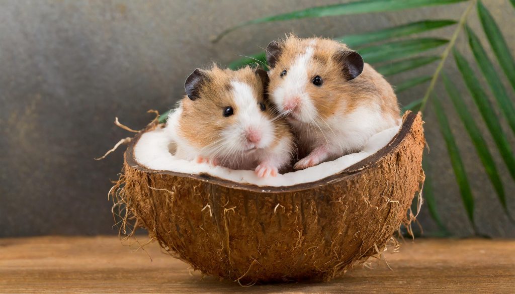 Niedliches Hamsterpärchen in einer Kokosnuss
